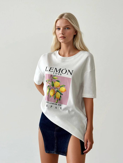 Önü Limon Dalı Baskılı Tişört Ekru-Coral