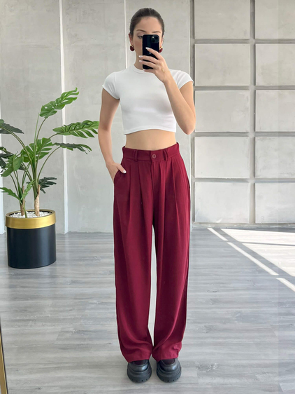 Pileli Bol Paça Pantolon Bordo-Coral