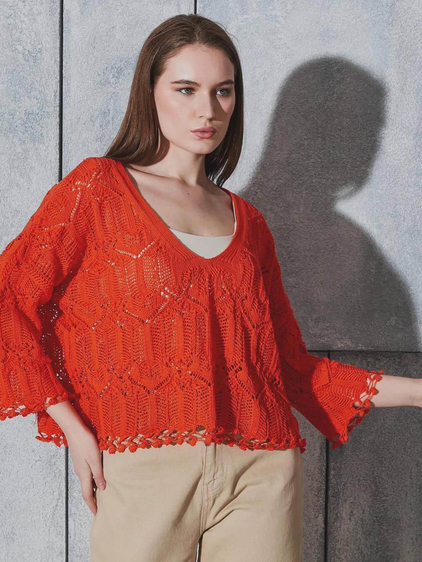 V Yaka Dantel Triko Bluz Oranj-Coral