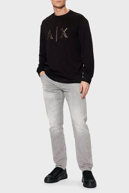 ARMANI EXCHANGE Armani Exchange Erkek Regular Fit Gold Taş Süslemeli AX Logolu Yuvarlak Yakalı Uzun Kollu Siyah Sweatshirt XM000331 AF12269-UC001