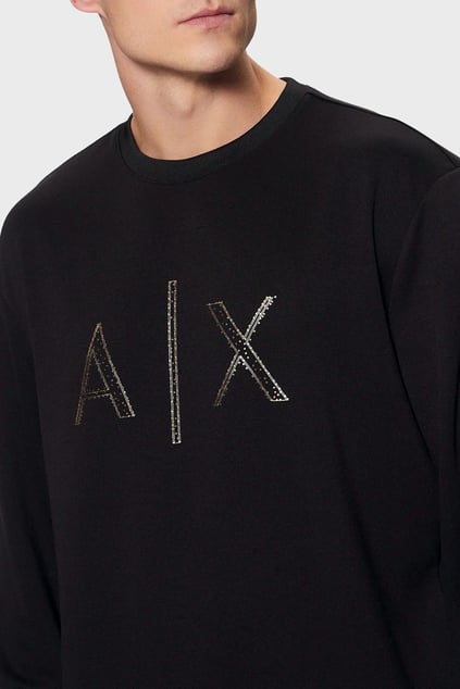 ARMANI EXCHANGE Armani Exchange Erkek Regular Fit Gold Taş Süslemeli AX Logolu Yuvarlak Yakalı Uzun Kollu Siyah Sweatshirt XM000331 AF12269-UC001