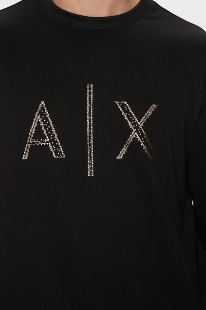 ARMANI EXCHANGE Armani Exchange Erkek Regular Fit Gold Taş Süslemeli AX Logolu Yuvarlak Yakalı Uzun Kollu Siyah Sweatshirt XM000331 AF12269-UC001
