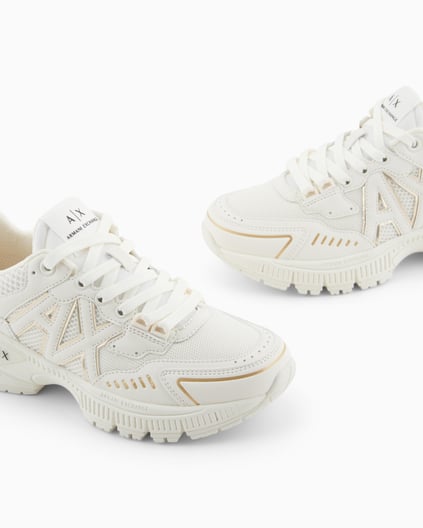 ARMANI EXCHANGE Armani Exchange Kadın Rahat Yüksek Taban AX Logolu Üstü nefes Alabilir Fileli Beyaz-Altın Sneaker XDX195 XV944-Q308