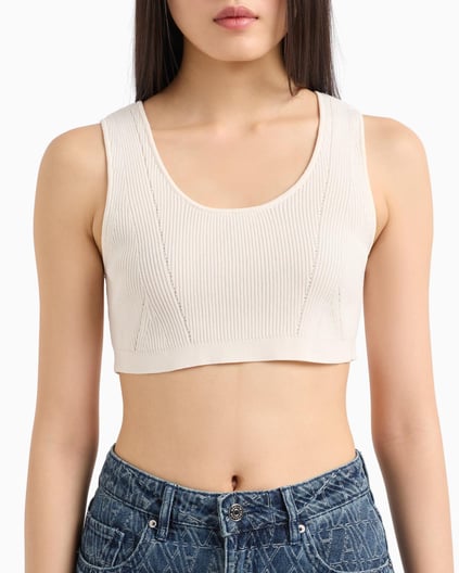 ARMANI EXCHANGE Armani Exchange Kadın Örgü Açık Yuvarlak Yakalı Dar Kalıp Crop Ekru Büstiyer XW000577 AF12740-U1003