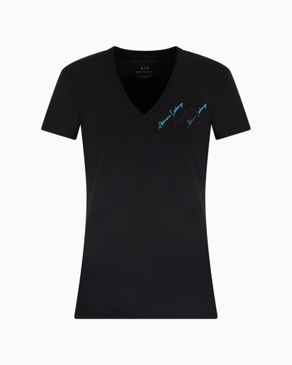 ARMANI EXCHANGE Armani Exchange Kadın Kısa Kollu V Yaka Dokuma Kumaş Siyah T-Shirt XW000600 AF10355-UC001