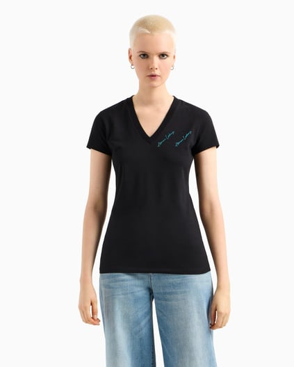 ARMANI EXCHANGE Armani Exchange Kadın Kısa Kollu V Yaka Dokuma Kumaş Siyah T-Shirt XW000600 AF10355-UC001