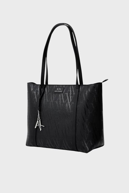 ARMANI EXCHANGE Armani Exchange Kadın AX Yazı Desenli Deri Gümüş Aksesuar Detaylı Geniş Siyah Omuz Çantası XW001199 AF15325-FC099