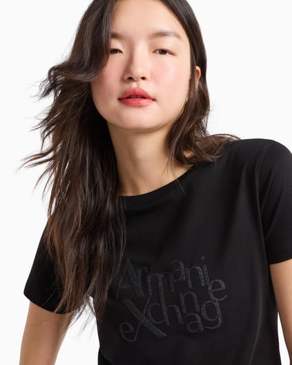ARMANI EXCHANGE Armani Exchange Kadın Normal Kesim Yuvarlak Yaka Simli Logolu Kısa Kollu Siyah T-Shirt XW000109 AF10359-UC001