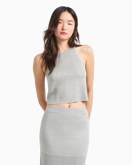 ARMANI EXCHANGE Armani Exchange Kadın Metalik Görünümlü Örme Yuvarlak Yakalı İnce İp Askılı Crop Gri T-Shirt XW000112 AF11957-M8047