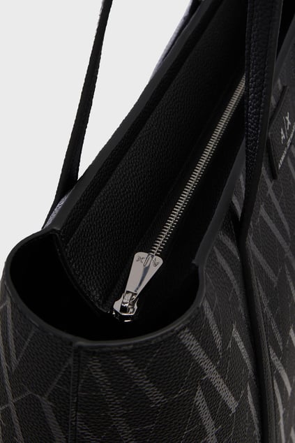 ARMANI EXCHANGE Armani Exchange Kadın AX Yazı Desenli Deri Gümüş Aksesuar Detaylı Geniş Siyah Omuz Çantası XW001199 AF15325-FC099