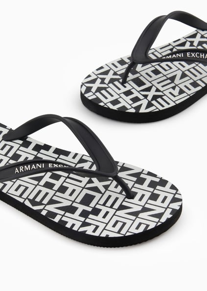 ARMANI EXCHANGE Armani Exchange Unısex Düz ve Rahat Taban Marka Logo Dokulu Parmak Arası Siyah-Beyaz Terlik XUQ002 XV676-N814