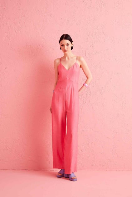 Berrin Berrin Kadın Pamuklu Logolu  Askılı Kolsuz Yazlık Pembe Tulum HBR2135-PEMBE