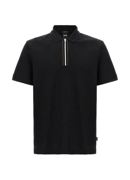 BOSS  BOSS Erkek %100 Merserize Pamuklu Normal Kalıp Kısa Kollu Yarım Fermuarlı Siyah Polo Yaka T-Shirt 50543880-001