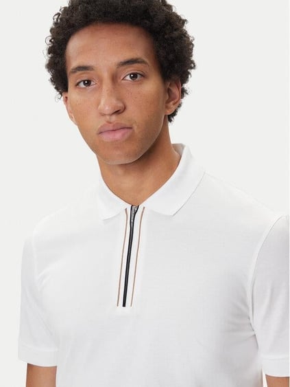 BOSS  BOSS Erkek %100 Merserize Pamuklu Normal Kalıp Kısa Kollu Yarım Fermuarlı Beyaz Polo Yaka T-Shirt 50543880-100