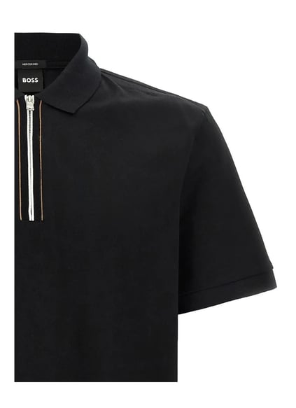 BOSS  BOSS Erkek %100 Merserize Pamuklu Normal Kalıp Kısa Kollu Yarım Fermuarlı Siyah Polo Yaka T-Shirt 50543880-001