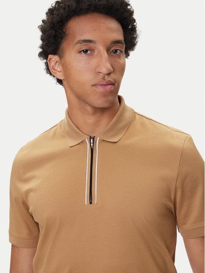 BOSS  BOSS Erkek %100 Merserize Pamuklu Normal Kalıp Kısa Kollu Yarım Fermuarlı Bej Polo Yaka T-Shirt 50543880-260