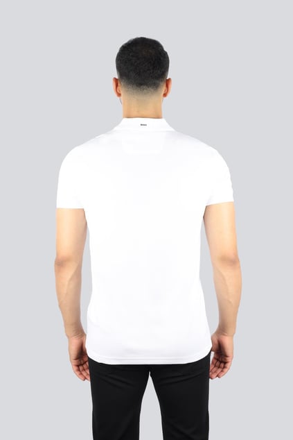 BOSS BOSS Erkek Dar Kalıp Yakası Kontrast Renk Geçişli Pamuklu Kısa Kollu Beyaz Polo Yaka T-Shirt 50538100-100