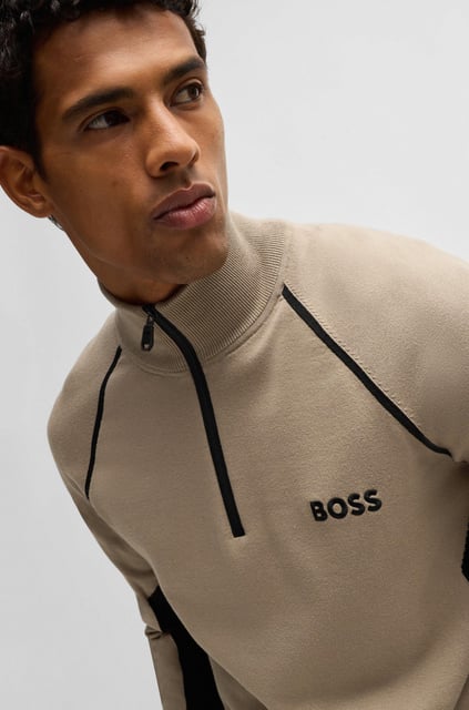 BOSS BOSS Erkek Dik Yaka Femuar Kapamalı Bel Kenarları Renk Desenli Bej Kazak 50519377-334