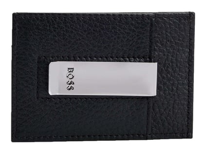 BOSS BOSS Erkek Metalik Logo Kabartmalı Para Klipsli Deri Siyah Kartlık 50529503-001