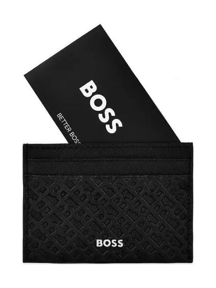 BOSS  BOSS Erkek Monogram Logo Dokulu Metalik Logo Desenli %100 Deri Siyah Kartlık 50548817-001