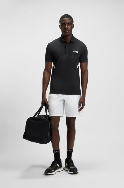 BOSS  BOSS Erkek Nem Yönetimi Sağlayan Aktif Kumaş Dar Kalıp Marka İmza Çizgili Kısa Kollu Siyah Polo Yaka T-Shirt 50543349-001