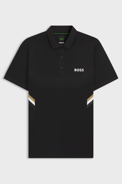 BOSS  BOSS Erkek Nem Yönetimi Sağlayan Aktif Kumaş Dar Kalıp Marka İmza Çizgili Kısa Kollu Siyah Polo Yaka T-Shirt 50543349-001