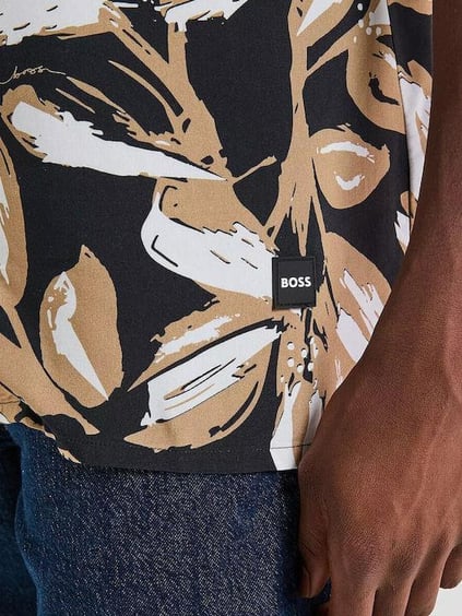 BOSS  BOSS Erkek Normal Kalıp Desenli Viskon Kumaş Kısa Kollu Siyah T-Shirt 50535793-004