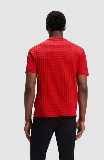 BOSS  BOSS Erkek Normal Kalıp Yuvarlak Yakalı Kare Desenli Yumuşak Pamuklu Kısa Kollu Kırmızı T-Shirt 50545585-802