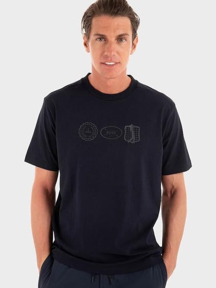 BOSS  BOSS Erkek Normal Kalıp Yuvarlak Yakalı Pamuklu Desenli Kısa Kollu Lacivert T-Shirt 50543874-402
