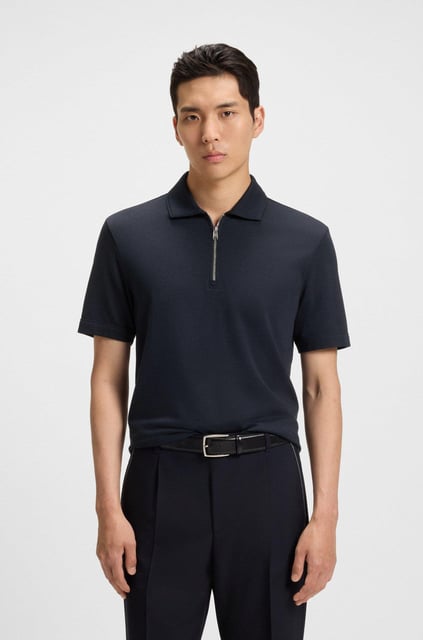 BOSS  BOSS Erkek Regular Fit Pike Dokuma Kumaş Kısa Kollu Yarım Fermuarlı Lacivert Polo Yaka T-Shirt 50544091-404