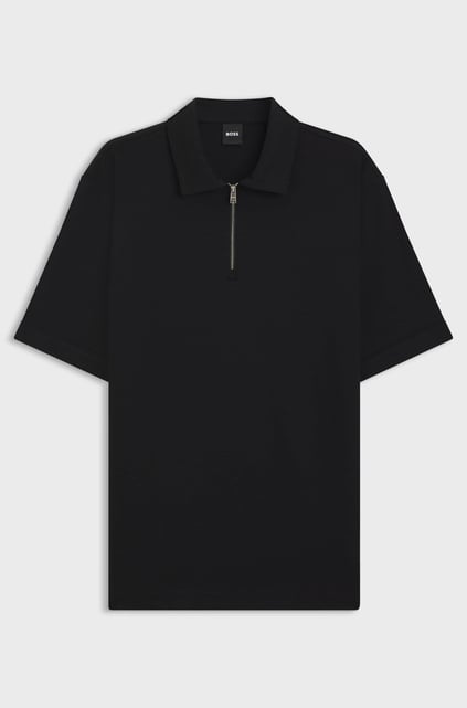 BOSS  BOSS Erkek Regular Fit Pike Dokuma Kumaş Kısa Kollu Yarım Fermuarlı Siyah Polo Yaka T-Shirt 50544091-001