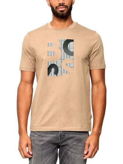BOSS  BOSS Erkek Regular Fit Yuvarlak Yakalı Logo Baskılı Pamuklu Kısa Kollu Bej T-Shirt 50543901-260