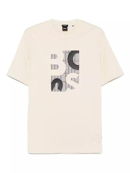 BOSS  BOSS Erkek Regular Fit Yuvarlak Yakalı Logo Baskılı Pamuklu Kısa Kollu Ekru T-Shirt 50543901-131