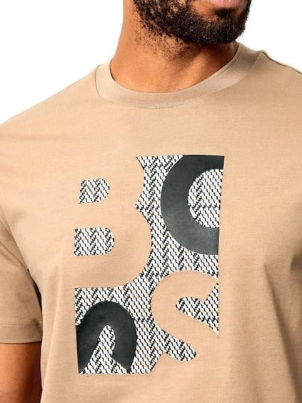 BOSS  BOSS Erkek Regular Fit Yuvarlak Yakalı Logo Baskılı Pamuklu Kısa Kollu Bej T-Shirt 50543901-260
