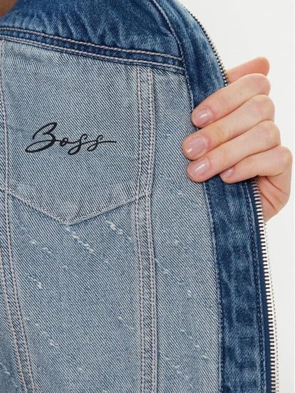 BOSS  BOSS Kadın Dar Kalıp Cep Detaylı Desenli Uzun Kollu Pamuklu Denim Mavi Ceket 50542426-426