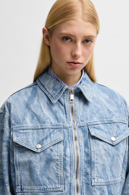 BOSS BOSS Kadın Eskitme Desenli Cep Detaylı Fermuar Kapamalı Denim Bomber Mavi Ceket 50529985-416