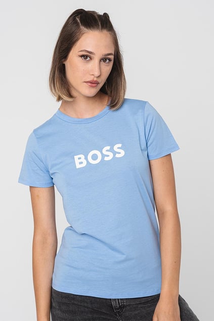 BOSS BOSS Kadın Marka Logolu Kısa Kol Yuvarlak Yaka Mavi T-Shirt 50501139-436
