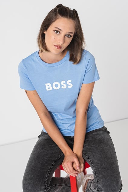 BOSS BOSS Kadın Marka Logolu Kısa Kol Yuvarlak Yaka Mavi T-Shirt 50501139-436