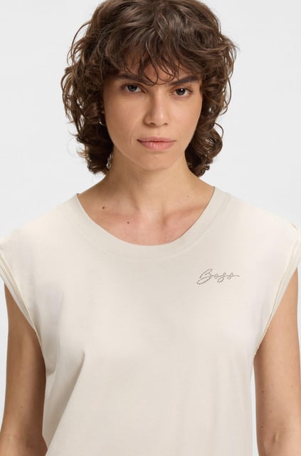 BOSS BOSS Kadın Rahat Kalıp Yuvarlak Yakalı %100 Pamuk Düşük Omuzlu Kısa Kollu Bej T-Shirt 50545521-118