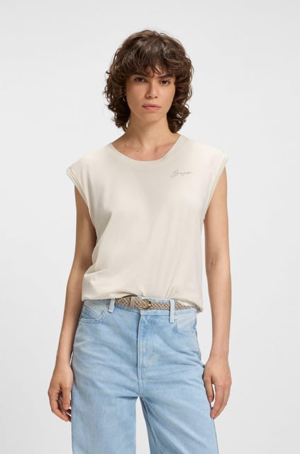BOSS BOSS Kadın Rahat Kalıp Yuvarlak Yakalı %100 Pamuk Düşük Omuzlu Kısa Kollu Bej T-Shirt 50545521-118