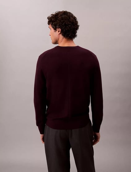 Calvin Klein Calvin Klein Erkek %100 Yün Normal Kalıp Ribanalı Yuvarlak Yaka Ck Logo Kabartmalı Uzun Kollu Örme Bordo Kazak LV04LB305G-GR9