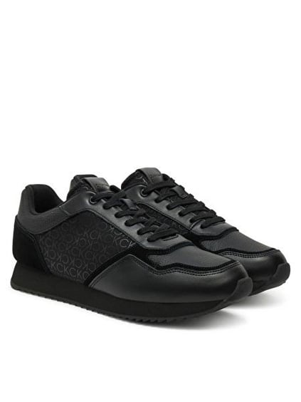 CALVIN KLEIN Calvin Kleın Erkek CK Monogram Logolu Rahat Taban Topuğu Süet Detaylı Deri Siyah Sneaker HM0HM01664-0GT