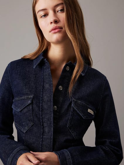 CALVIN KLEIN Calvin Kleın Kadın Düğme Kapamalı Cep Detaylı Diz Üstü Denim Mavi Elbise J20J225064-1AP