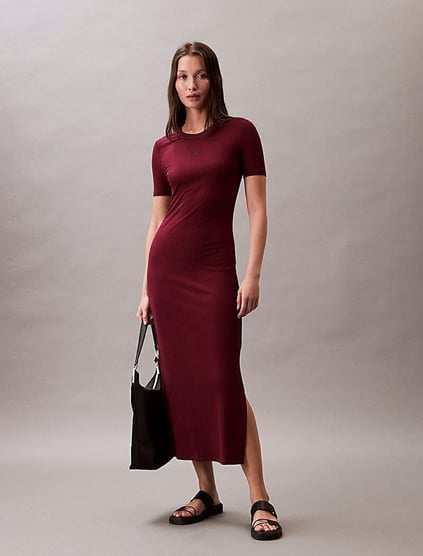 Calvin Klein Calvin Klein Kadın Elastik Kumaş Logo İşlemeli Yuvarlak Yakalı Kısa Kollu Midi Boy Kırmızı Elbise LV044C902G-VLP