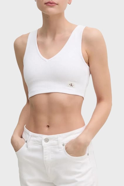 Calvin Klein Calvin Klein Kadın Kalın Askı Crop Boy Fitili Esnek Kumaş Dar V Yaka Beyaz Büstiyer J20J225308-YAA