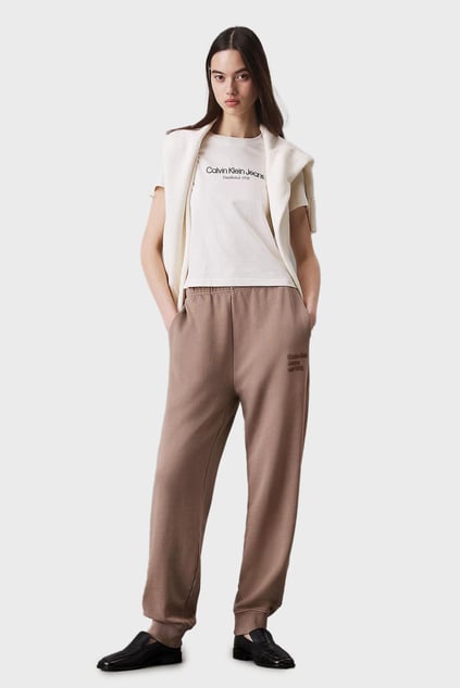 Calvin Klein Calvin Klein Kadın Normal Kesim Geniş Paça Dokuma Kumaş Beli ve Paçası Lastikli Bej Eşofman Altı J20J224989-PFW