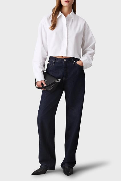 Calvin Klein Calvin Klein Kadın Pamuklu Rahat Kesim Düz Gömlek Yaka Crop Beyaz Gömlek J20J225079-YAF