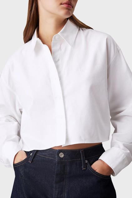 Calvin Klein Calvin Klein Kadın Pamuklu Rahat Kesim Düz Gömlek Yaka Crop Beyaz Gömlek J20J225079-YAF