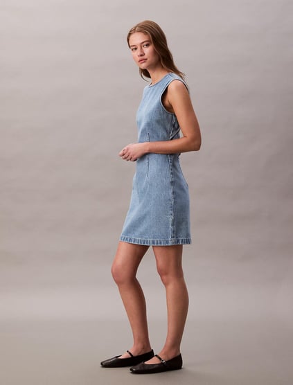 Calvin Klein Calvin Klein Kadın Regular Fit Yuvarlak Yakalı Sırt Dekolte Detaylı Kolsuz Mini Pamuklu Denim Mavi Elbise LV047C736G-X26