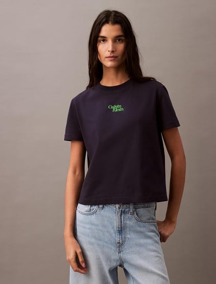 Calvin Klein Calvin Klein Kadın Regular Fit %100 Pamuklu Desenli Kısa Kollu Lacivert T-Shirt LV047B851G-RNV